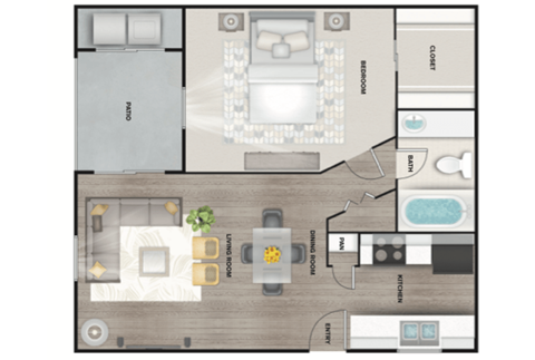Floor plan for 1 bed, 1 bath, 650 sqft